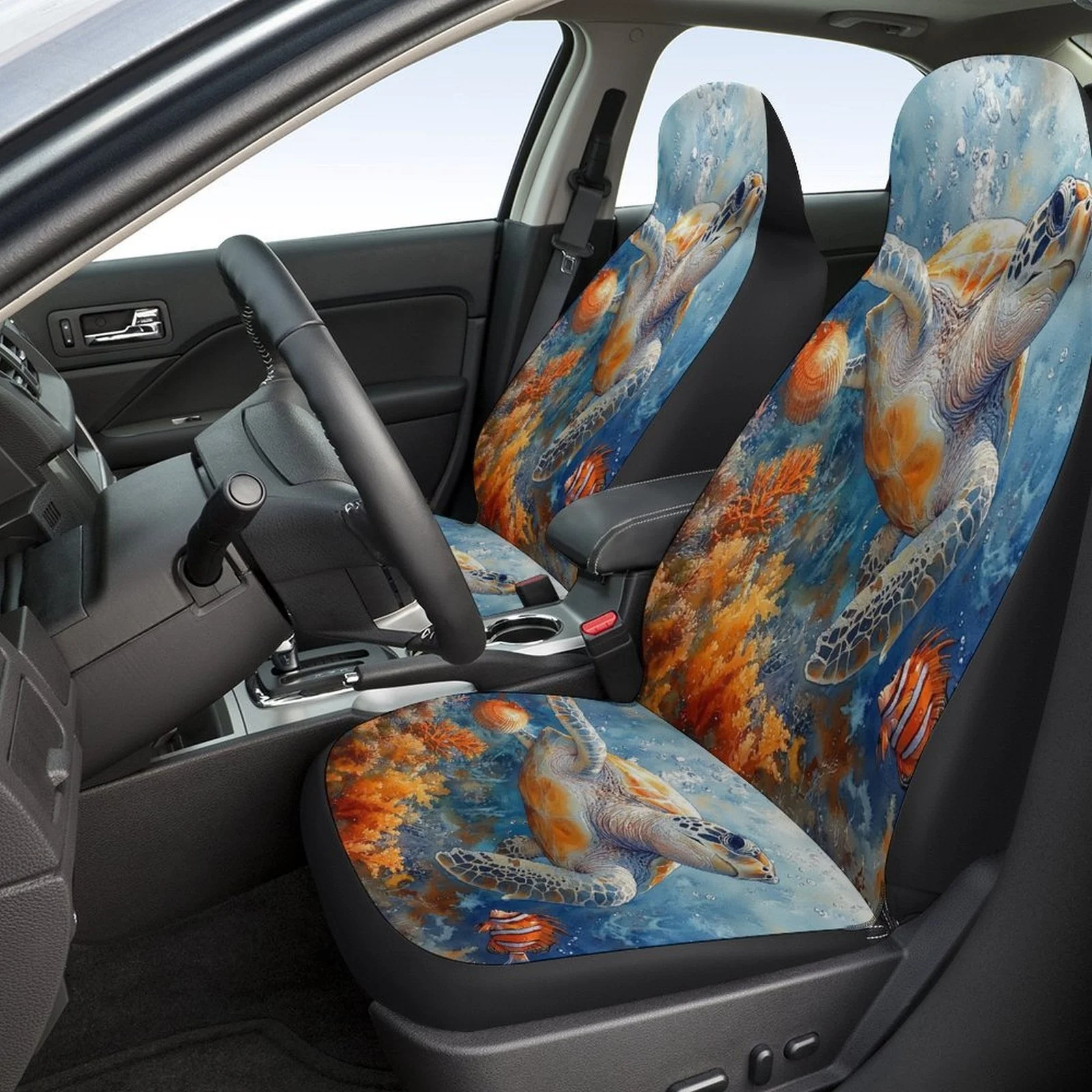 Ocean Turtle Dive Designed Car Seat Cover Set For Most Cars, Trendy Novelty High-quality Car Seat Protector Covers Full Set, Uni