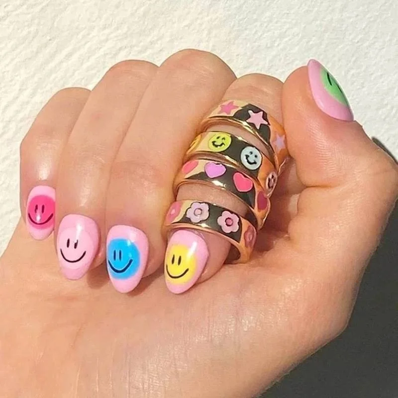 Candy-colored Smiling Face Titanium Steel Gold-plated Ring Retro Fashion Personality Ring Female