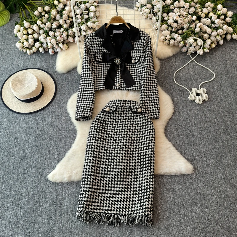 Autumn Winter Two Piece Skirt Set Casual socialite Elehant Tweed Jacket Half Skirt Two-Piece Set Basic Short Single Breast Coat