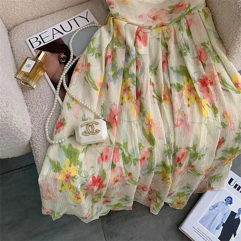 Japanese Fashion sweeet Pleated floral print Asymmetry dress girl Boho beach Fairy Dress beige printed long maxi dress Vestidos