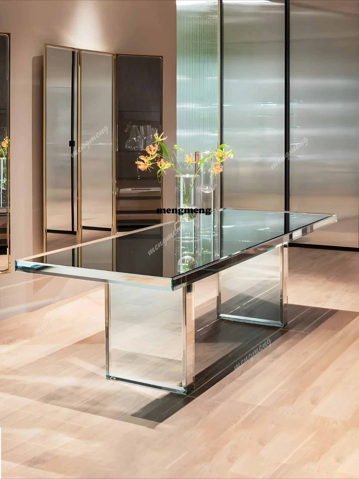 Hot sales Silver-plated mirror glass dining table Household modern minimalist high-end rectangular office conference table