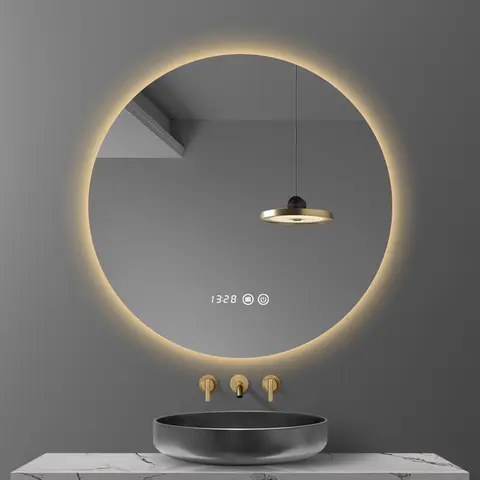 40/50/60CM 라운드 스마트 호텔 침실 Defogging 장식 거울 LED 욕실 거울 3 색 조정 가능한 백라이트