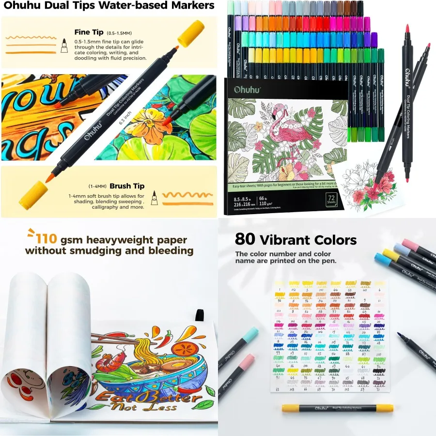 ohuhu-pennarelli-punta-a-pennello-80-colori-con-libro-da-colorare-da-72-fogli-pennarelli-a-doppia-punta-per-libri-da-colorare-per-adulti-pennarello-artistico-se