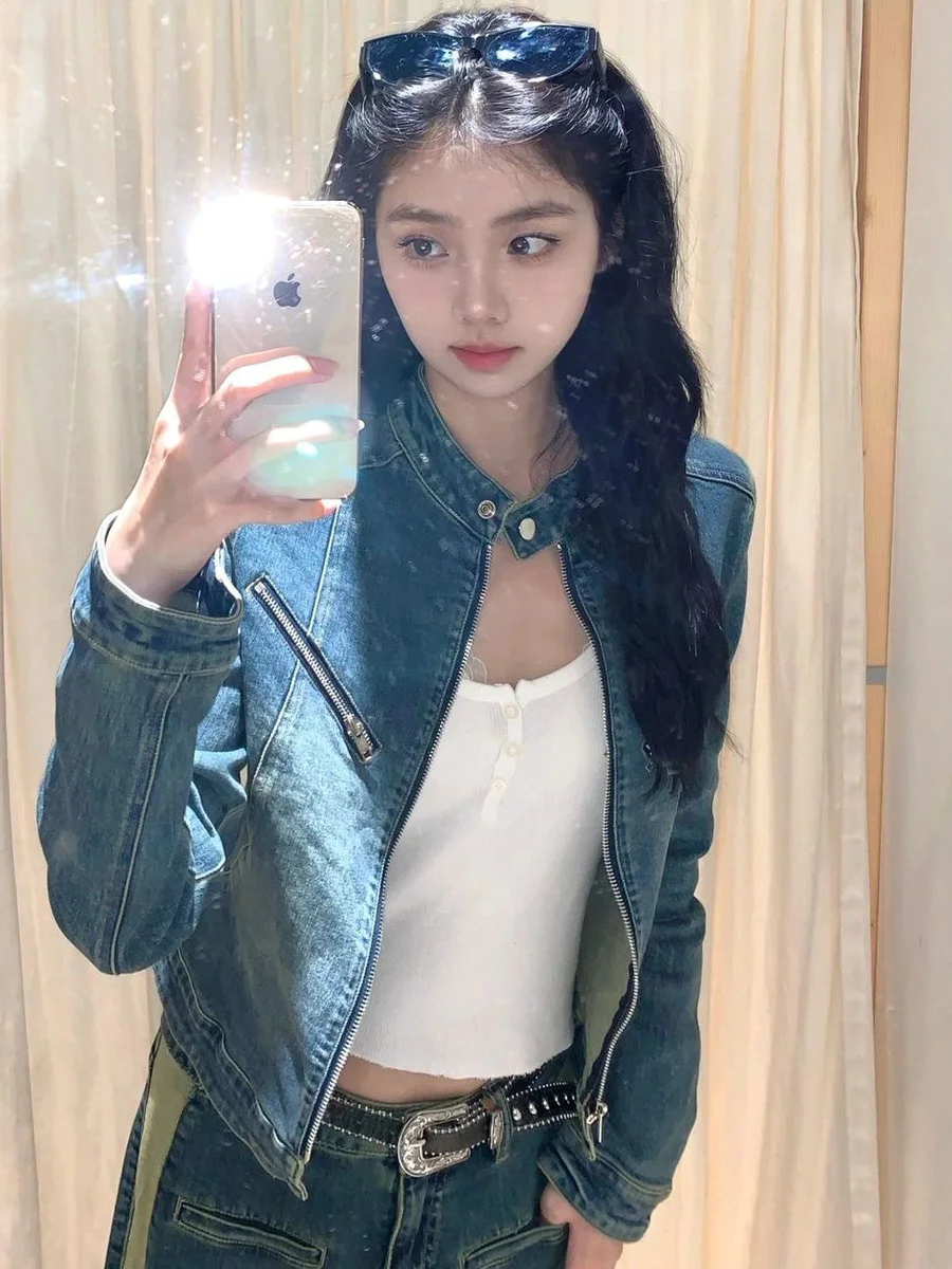 

Женская джинсовая куртка с завышенной талией, уличная молния спереди, ретро-дизайн, осенняя новая мода, повседневная модная верхняя одежда, пальто