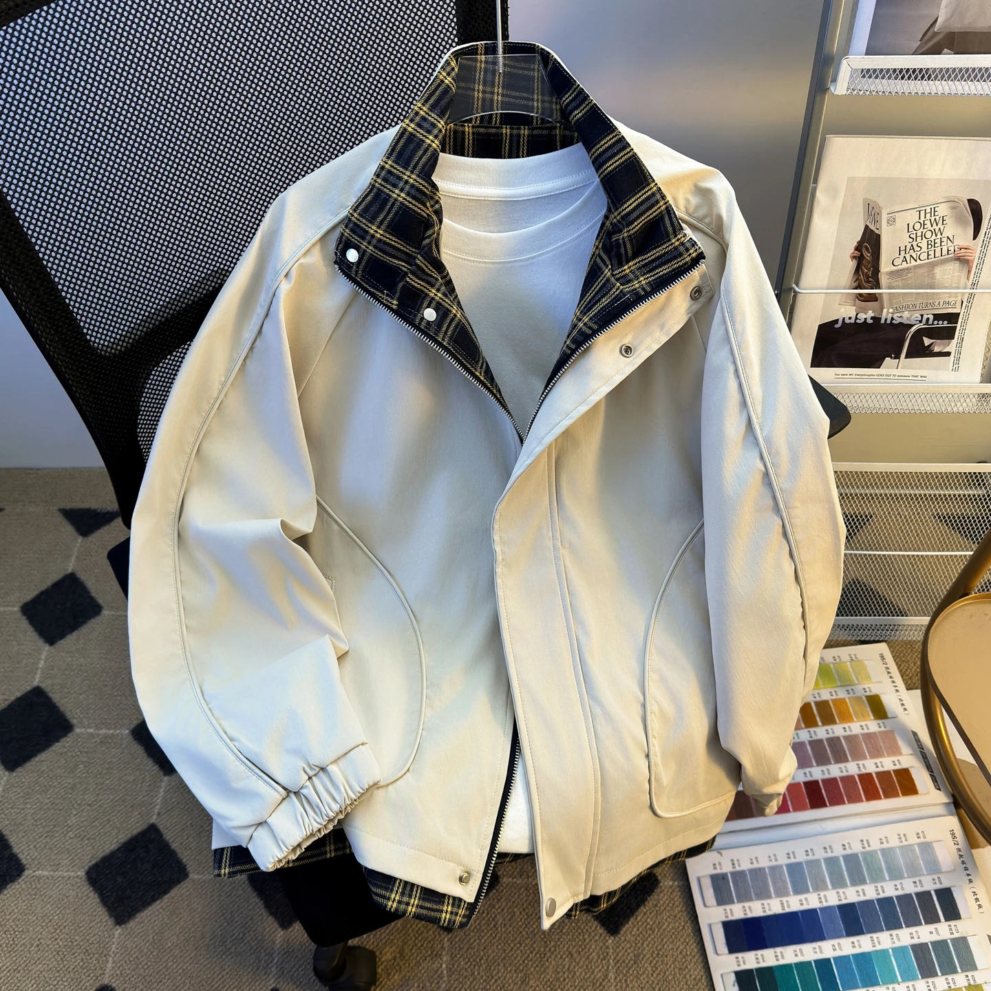 

Plaid Patchwork Workwear Jaet Men's Spring Autumn American Contrast Color Outdoor Casual Stand Collar Sports Jaet