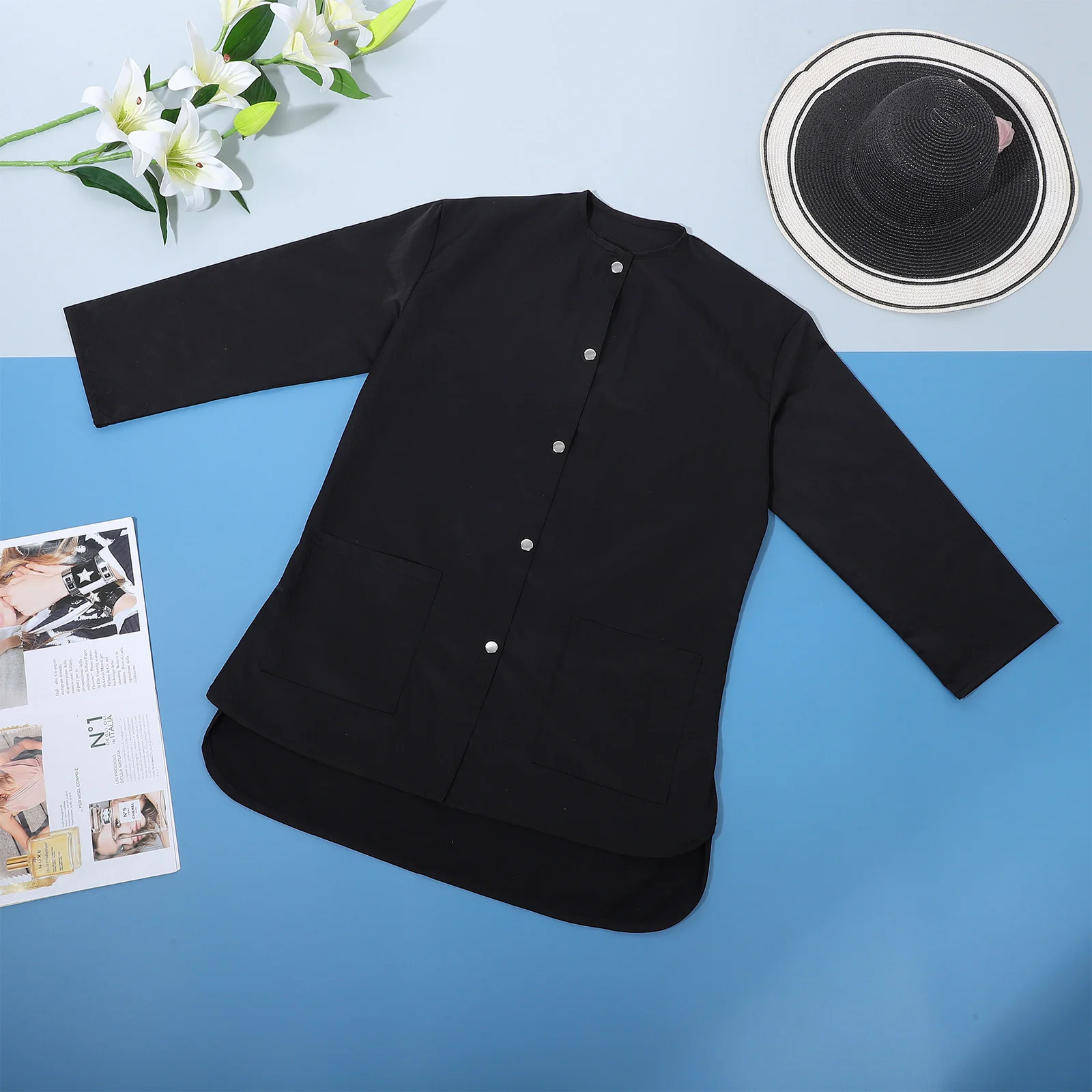 ชุดทำงานแขนยาว น้ำหนักเบา ระบายอากาศได้ดี ซักด้วยเครื่องได้ ชุดยูนิฟอร์มสำหรับพนักงานร้านกาแฟ ร้านเสริมสวย ชุดทำงาน