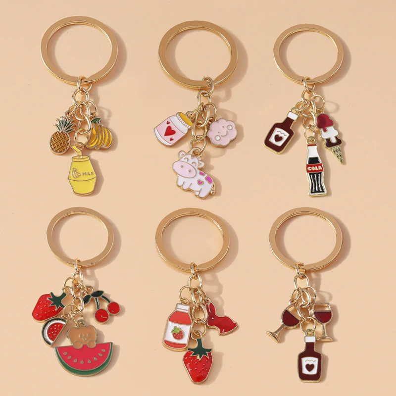 Cute Enamel Simulation Food Fruit Keychain Drink Key Rings for Men Women Car Key Holder Handbag Pendants DIY Jewelry Gifts