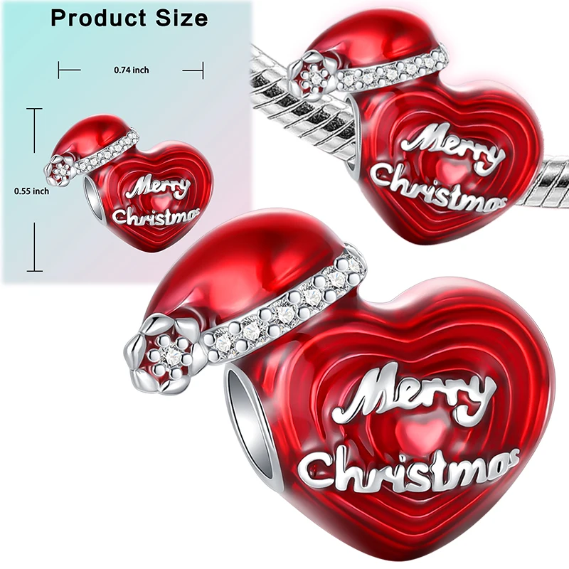 Red Enamel Heart Charm Santa Hat Bead 925 Sterling Silver Engraved Merry Christmas Fit Women Bracelet Xmas Holiday Jewelry Gift