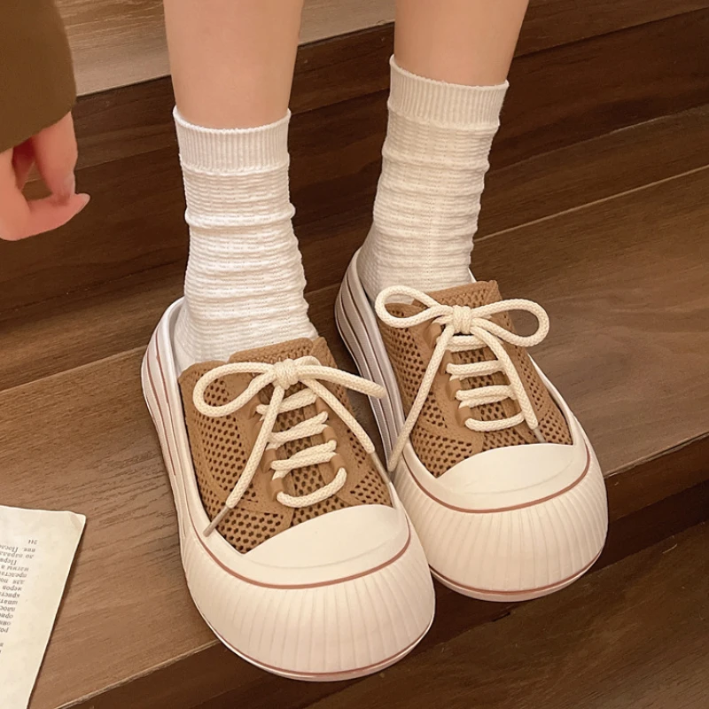 여성을위한 통기성 메쉬 레이스 업 여름 플랫폼 슬리퍼 홈 스트리트 신발 두꺼운 단독 한국 스타일 소녀 슬립 온 샌들