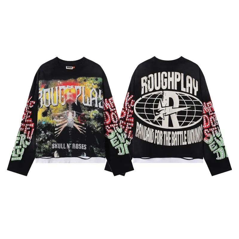 

Retro Print High Street Casual Washed Men's Short Sleeve T-Shirt Loose Fit Cotton round Neck Long Sleeve Regular Length