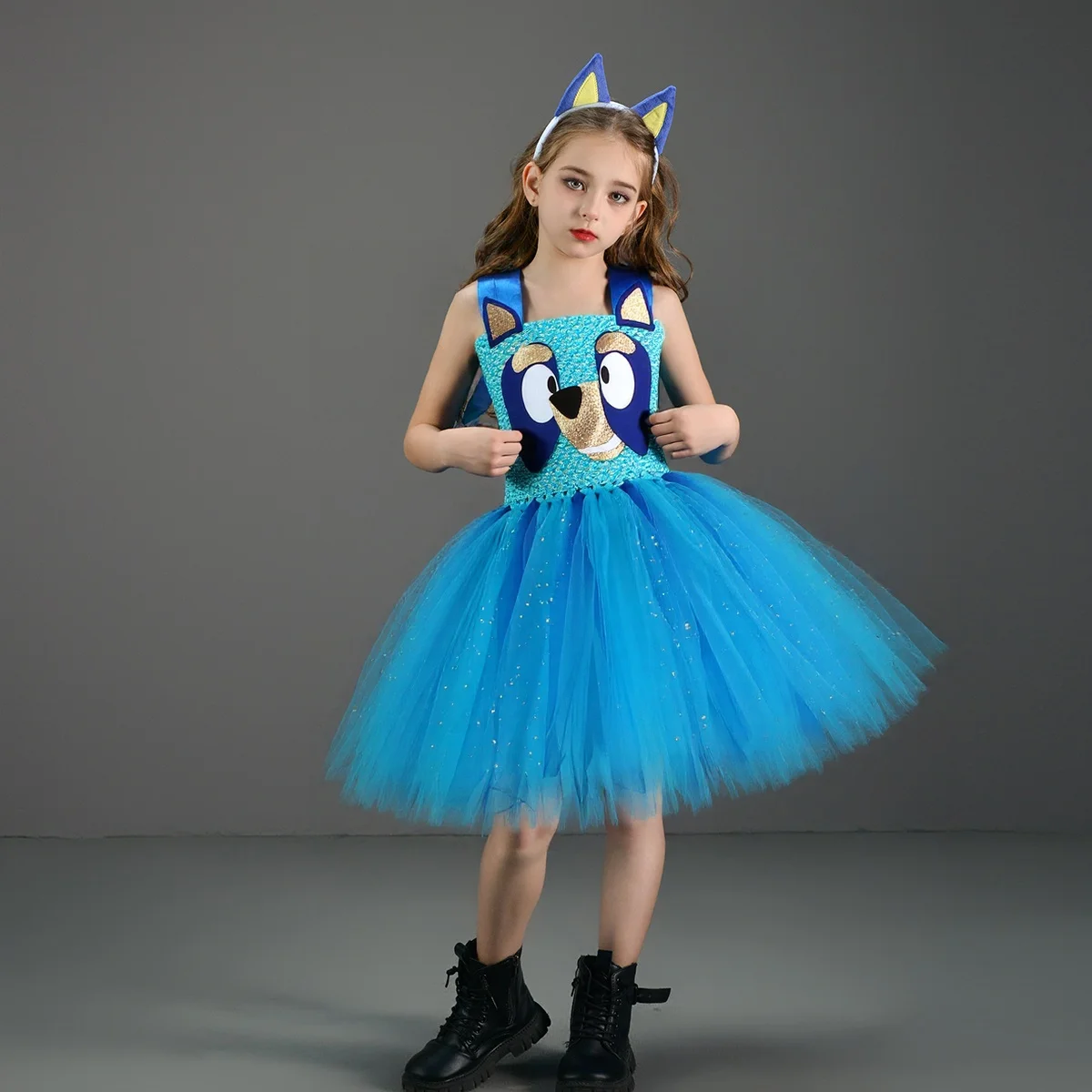 Kids Halloween Dog Costume Cartoon Blue Doggy Fancy Tutu Dress with Headband and Tail Animal Role Play Carnival Party Clothing
