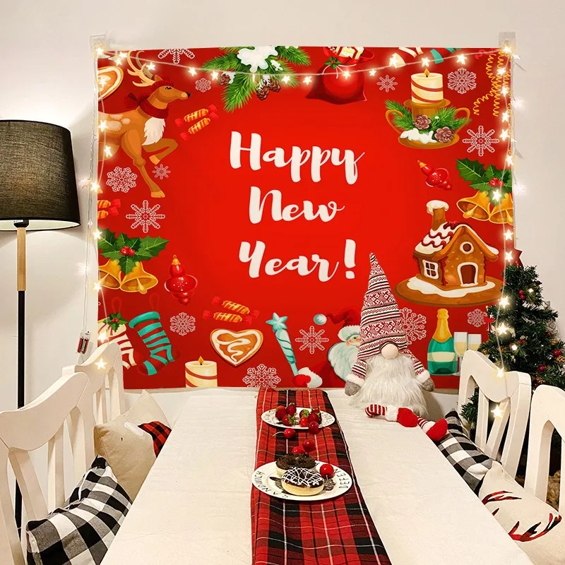 VIKAMA Red Happy New Year Banner Tapestry, HD Print Wall Hanging for Living Room Christmas Party Backdrop Decor