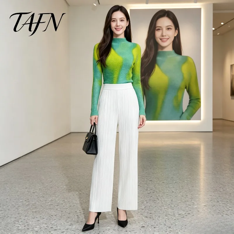 Miyake Pleated 2026 Simple Fashion Gradient Color Block Pleated Print Top Slim Fit Long Sleeve Base Shirt Women's Clothing Pleat