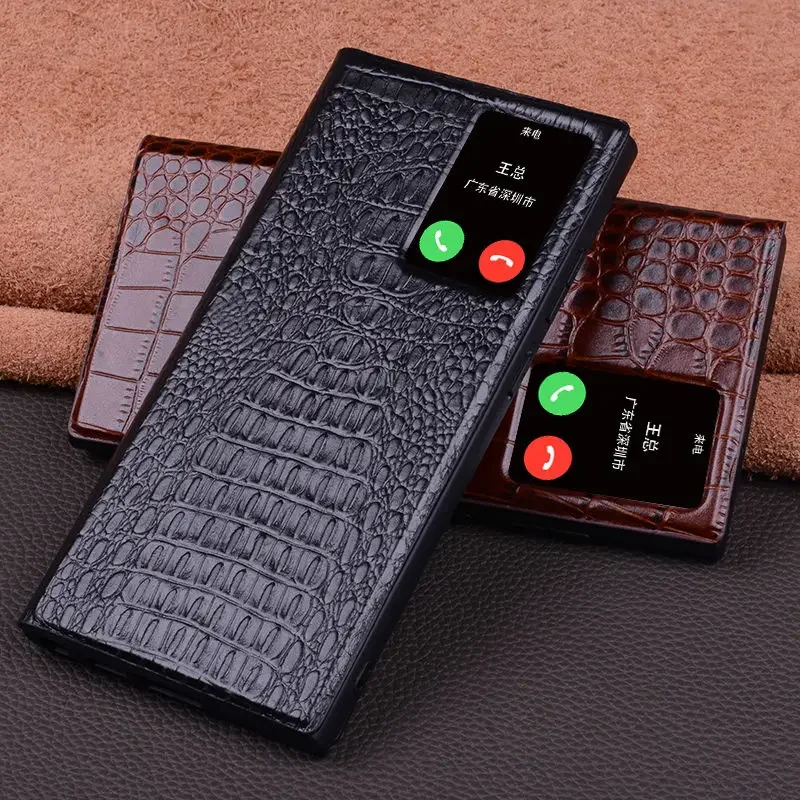 Genuine Leather S View Flip Cover For Samsung Galaxy S23 Ultra S22Ultra Grids Crocodile Texture Window Display IC Smart Case