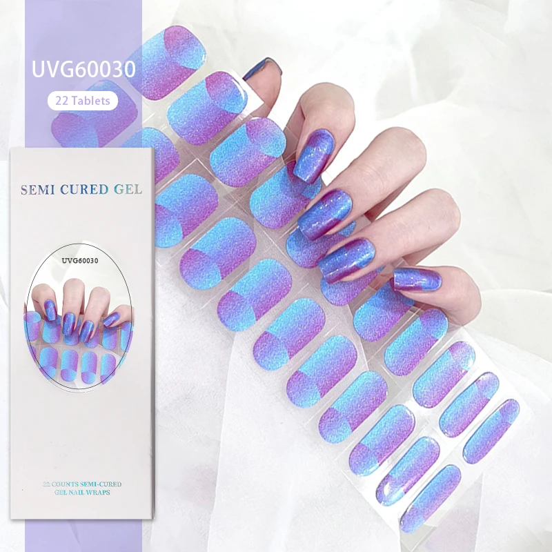 22 Tips Light Blue UV Semi-cured Gel Nail Stickers Waterproof Long Lasting Half Baked Full Cover Stickers UVLamp Required