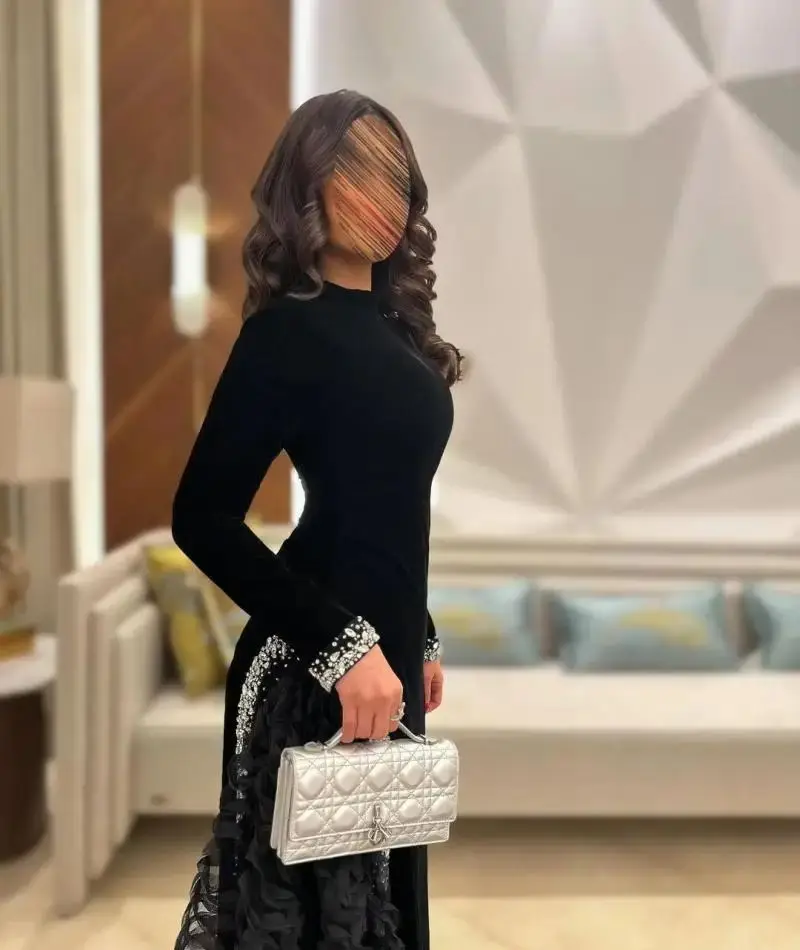 Jirocum luxo preto de alta pescoço veludo lantejoulas plissado manga longa vestidos de trilha formal baile de formatura gala luxo festa vestidos de noite