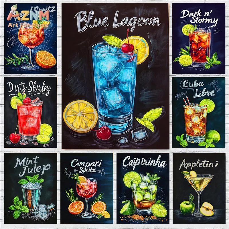 AZNM Chalkboard Style Classic Cocktail Canvas Wall Art Vintage Drink Poster Bar Pub Kitchen Home Decor Unframed