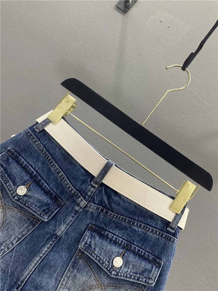 Retro American Hole Denim A-Line  Skirt Women Summer Versatile Slimming Sexy Short Skirt Casual Cotton Polyester Blend