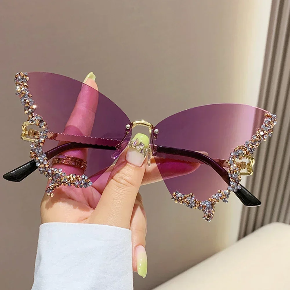 Occhiali da sole a farfalla con diamanti di lusso da donna Occhiali da sole oversize senza montatura vintage di marca Occhiali da donna gafas de sol