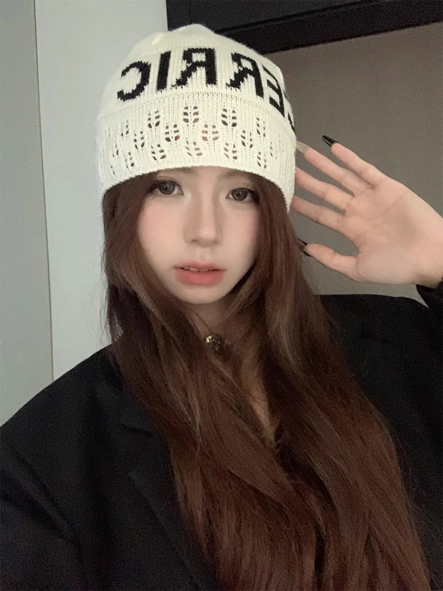 Korean Version Fashionable Thin-Style Knitted Lettering Baotou Hat Ladies Leisure Knitting Hollowed Out Personality Melon Hat