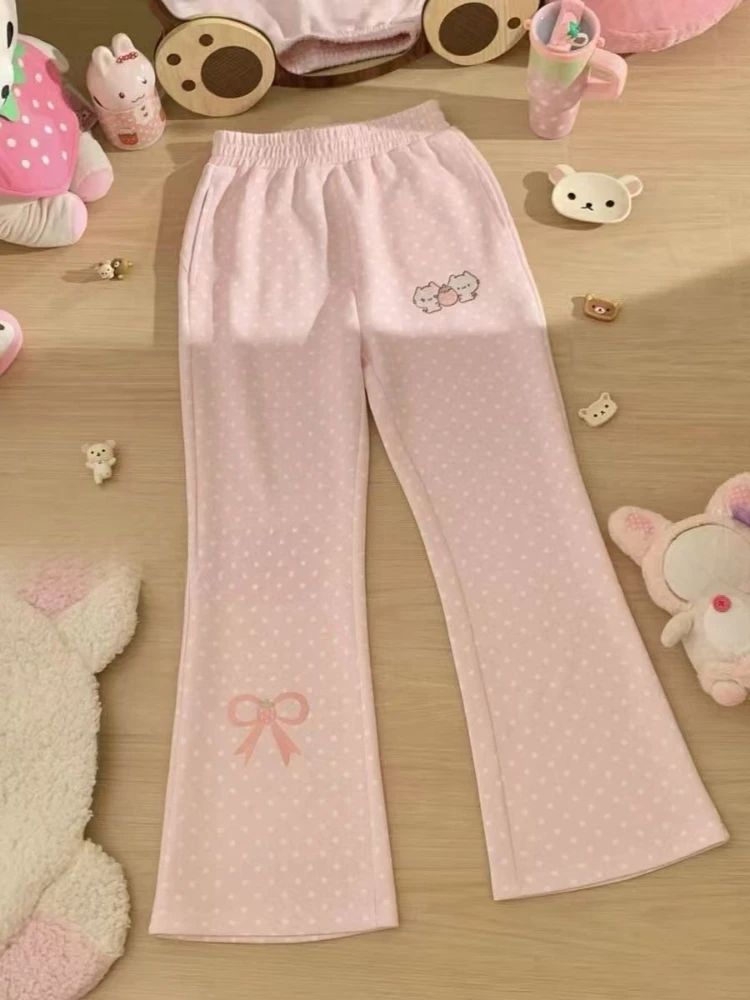 Autumn Winter Japanese Slim Elastic Waist Bell-bottoms Kawaii Sweet Polka Dot Thin Embroidery Trouser Women Lovely Pretty Pants