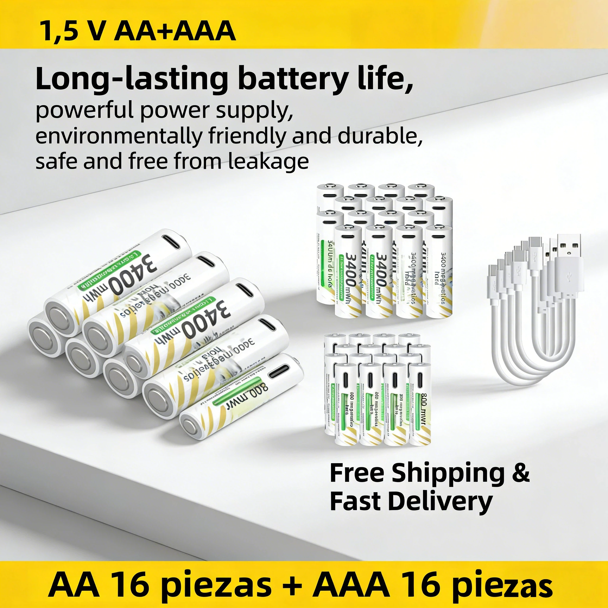 

1.5V AA AAA Rechargeable Lithium Battery 3400mWh 800mWh Li-ion Battery with USB Fast Charge for Toy Mouse Flashlight