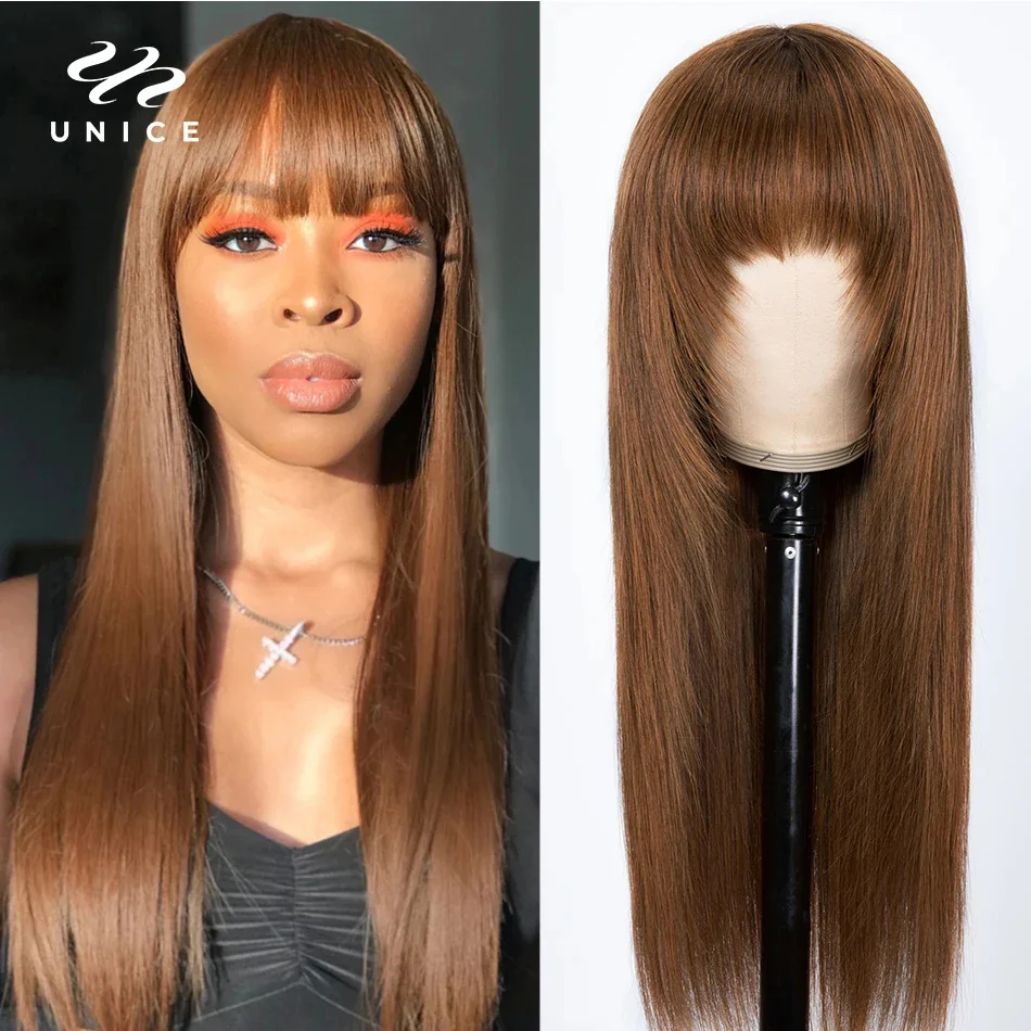 UNice Hair Layered Cut Straight Human Hair Wigs With Bangs 100% Human Hair Brown Colored Machine Made Human Wigs for Women