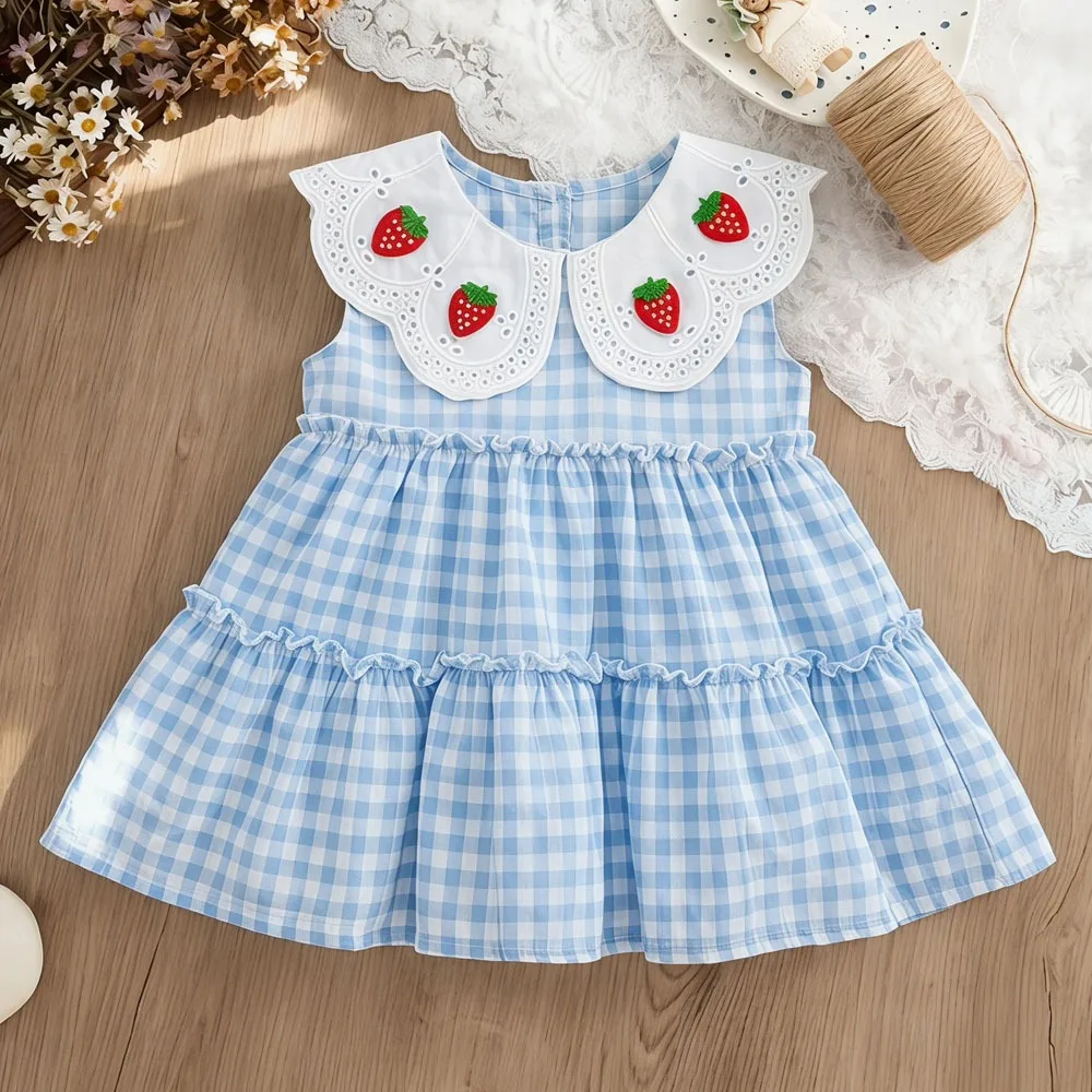 Baby-Mädchen-Kleid, Sommerkleid aus roter, kariertem Baumwolle, süßes Erdbeer-Revers-Mädchen-Strandkleid, Kleinkind-Geburtstagsparty-Kleidung