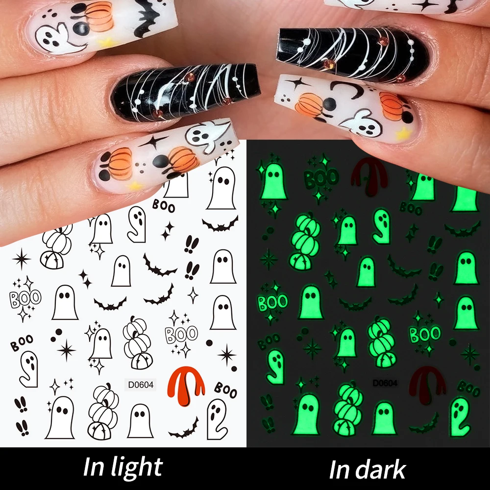 1Pc/10*8Cm Glow In The Dark Halloween 3d Nail Stickers Schattige Lichtgevende Pompoen/Ghost Kleefstof Diy Manicure Vingertoppen Decals Cadeau