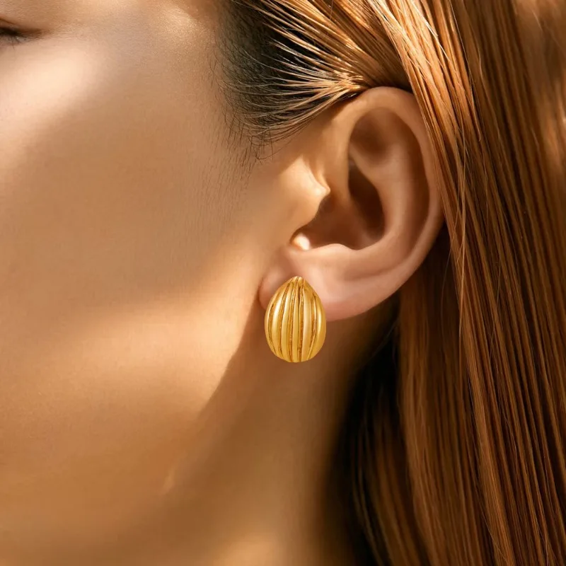 Retro Exaggeration Gold Color Stainless Steel Melon Seed-shaped Striped Textured Stud Earrings for Woman Jewelry Accessory Gifts