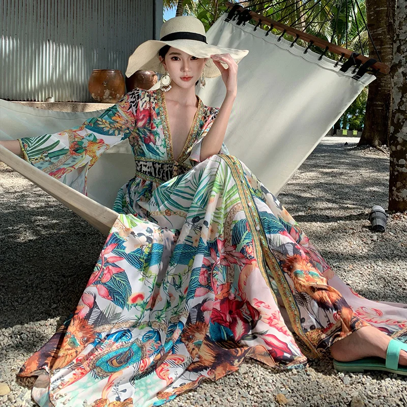 Francês vintage boho praia vestido longo feminino primavera verão único breasted impressão floral vestido de festa de aniversário à noite