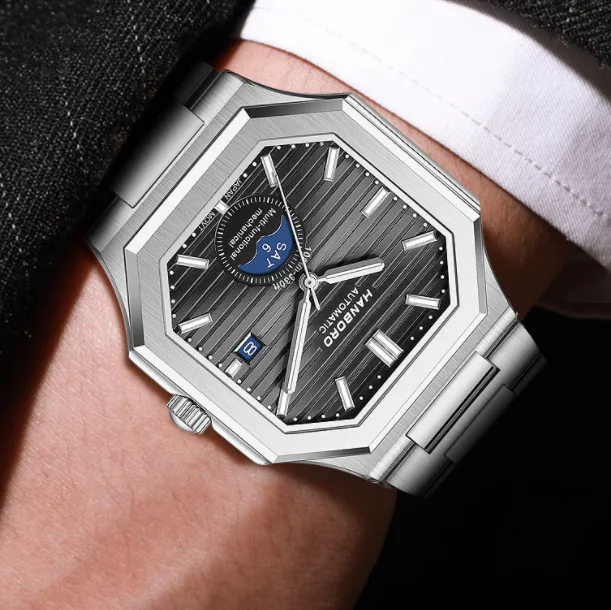 

HANBORO Men Automatic Watch 42mm Square Mechanical Wristwatch 50m Waterproof Luminous Sapphire Mioyta 8205 Multi-Dial Week Date