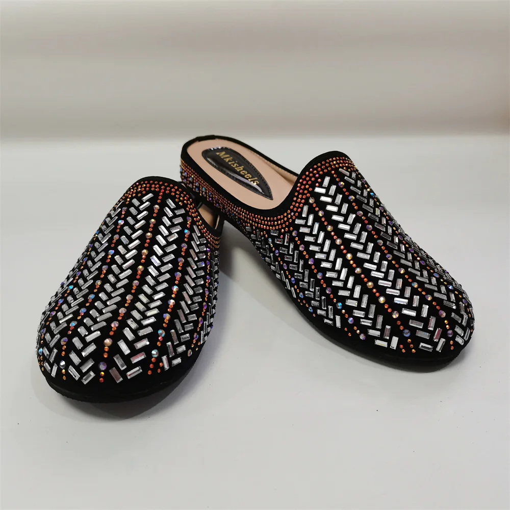 Fashion Low Heel Women Rhinestones Shoes Rhinestone Italian Design Round-Toe Lady Mullers Shoes Casual Shoes F622-2