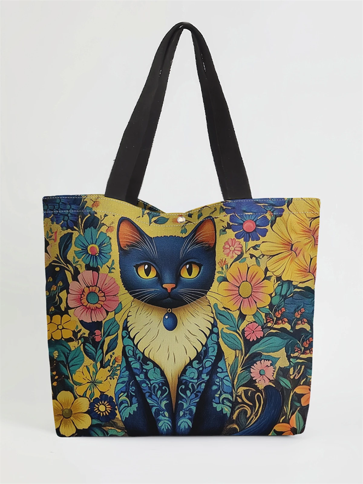 

1pc， Cute cartoon cat pattern handbag, reusable fashionable handbag, multifunctional handbag, printed canvas shopping bag
