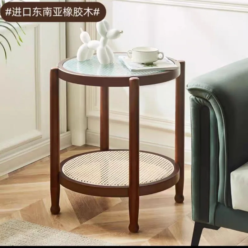 solid wood coffee table rattan combination double-layer living room household small apartment
