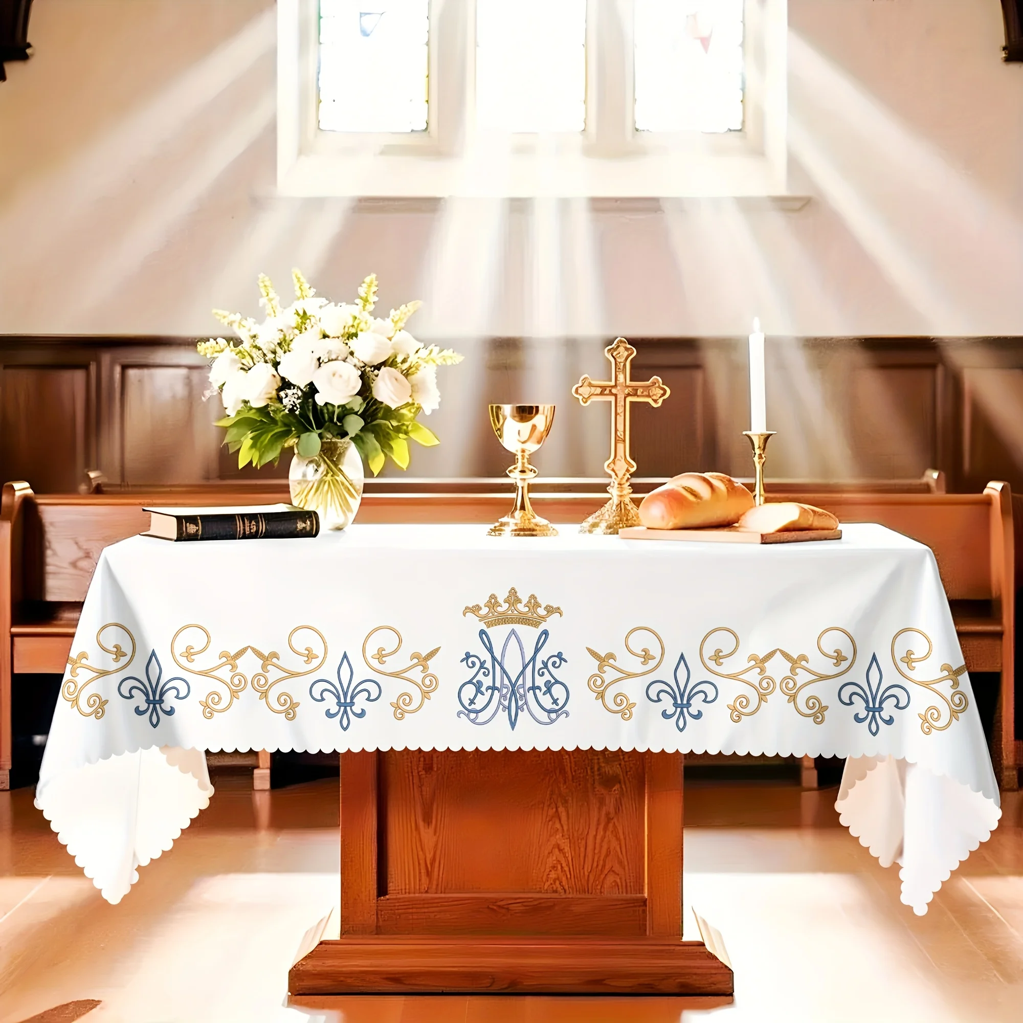 VIKAMA White Church Altar Tablecloth Gold Scroll Blue Fleur De Lis Crown Rectangular Sanctuary Cover for Wedding Liturgy