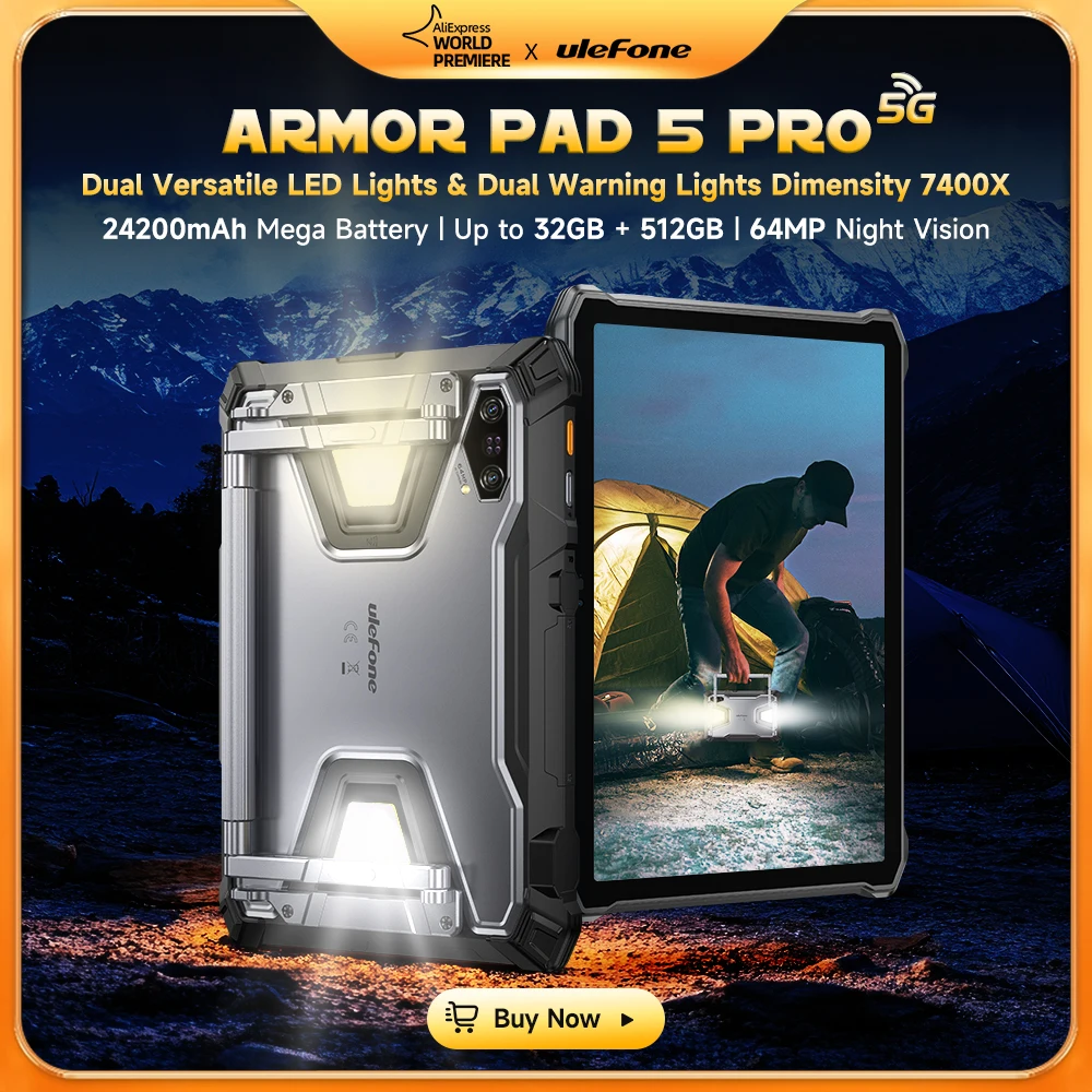 

Ulefone Armor Pad 5 Pro 5G Rugged Tablet 24200 mAh Android 15 Tablet 12GB+20GB RAM ，512GB ROM 64MP 120W GPS NFC