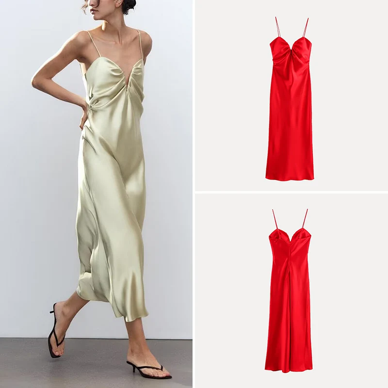 스트리트 스타일 하트 칼라 실크 새틴 미디 드레스 여성 패션 2025 봄 자다타 원피스 드레스 폴리에스터 섬유 00%