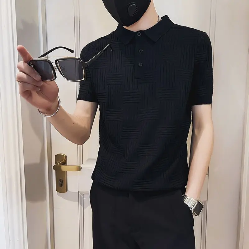 2023 Korean Version Fashion Trend Versatile Men\'s Clothing Business Casual Commuting Solid Color Short Sleeve Button Polo Shirt