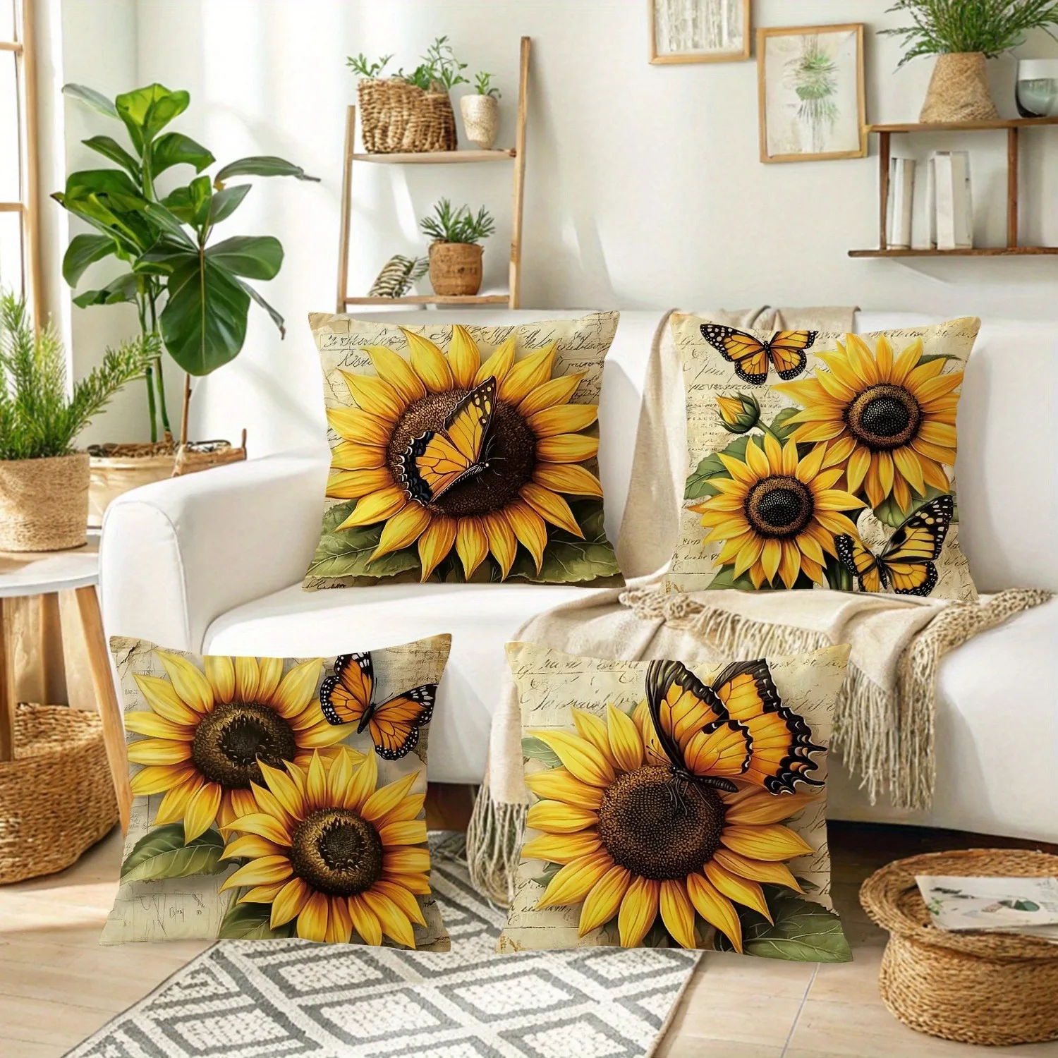 Short plush material pillowcaseVintage - style Sunflower - Butterfly Pillow CoversLiving room sofa cushion cover, soft and comfo