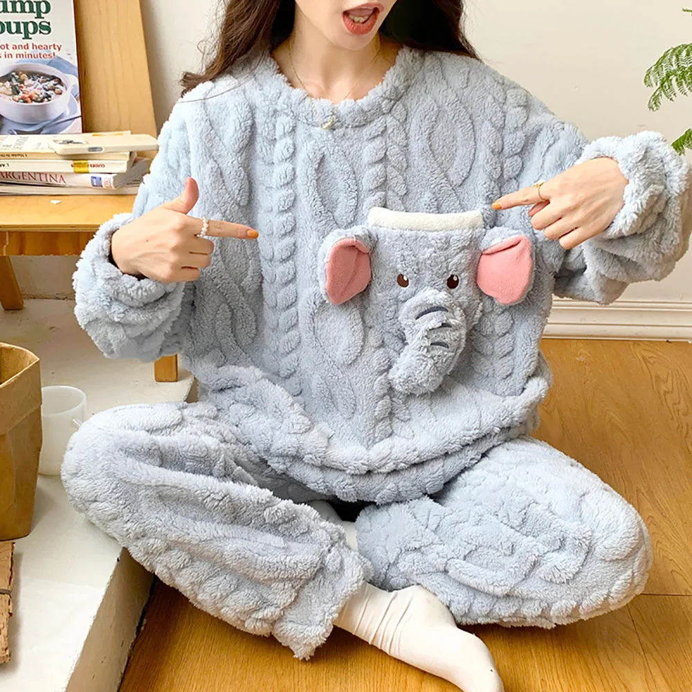 2023 Winter Long Sleeved Pants Thick Thermal Home Nightgown For Women Sweet Cartoon Pocket Patchwork Pullover Ladies Sleepwear