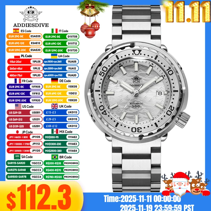 

ADDIESDIVE Tuna Men's Diving Watch AD2098 30Bar Waterproof Synthetic Sapphire BGW9 Luminous 316L Stainless Steel Automatic Watch