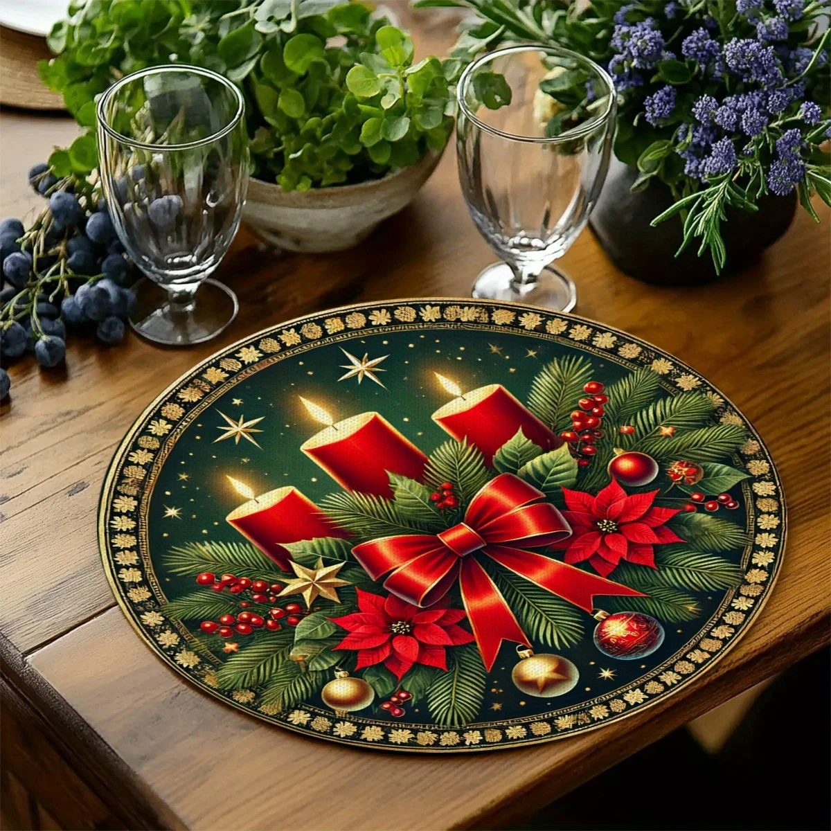 Round Christmas Placemats Candle Bow Poinsettia Linen Mats Non-Slip Wipe Clean for Xmas Festive Dinner Table Decor