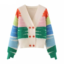 Regenbogen gestreifte Strick pullover Strickjacke Frauen Zweireiher V-Ausschnitt Jacke Mantel Herbst Winter Langarm lose lässige Strickjacke