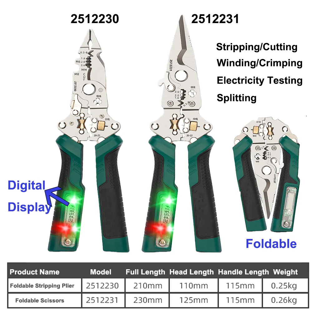 Foldable Wire Stripping Pliers with Digital Display Voltage Tester Multifunctional Wire Cable Cutting Plies Electrician Tools
