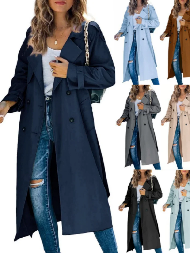 Women Fashion With Belt Solid Double Breasted Windbreaker Vintage Lapel Neck Long Sleeves Female Chic Lady Outfits Long Coats