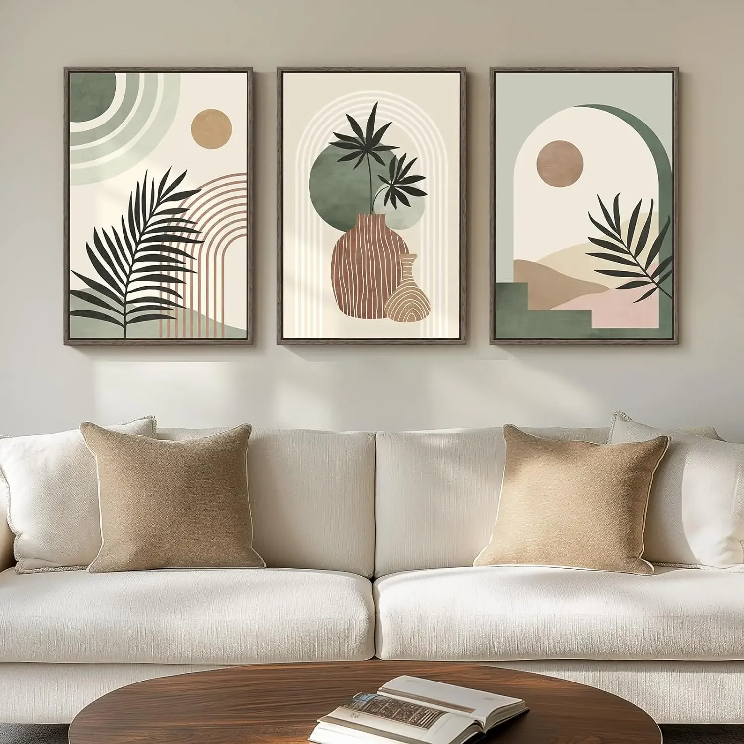 Multiple sizes 3pcs frameless Canvas Painting /Set Bohemian Gray-green Wall Art Leaf Sun Canvas Poster Painting, Simple and Abst