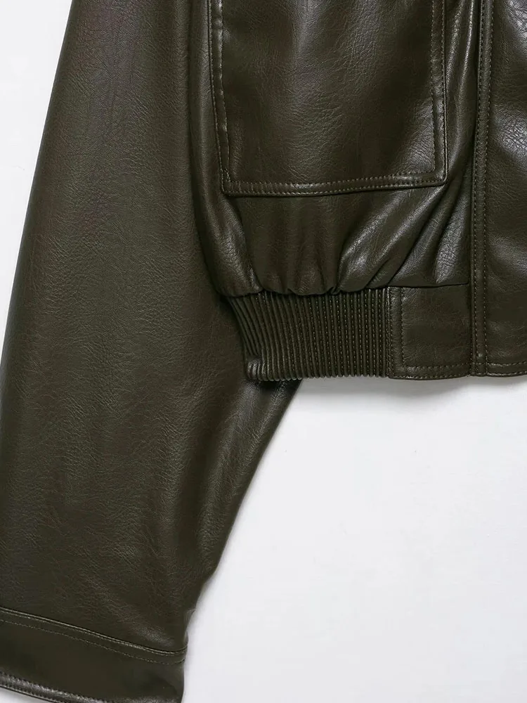 المرأة 2025 الخريف الشتاء سحابات قصيرة سترات من الجلد المرأة عادية التلبيب زر كم كامل معطف سيدة شيك الشارع الشهير