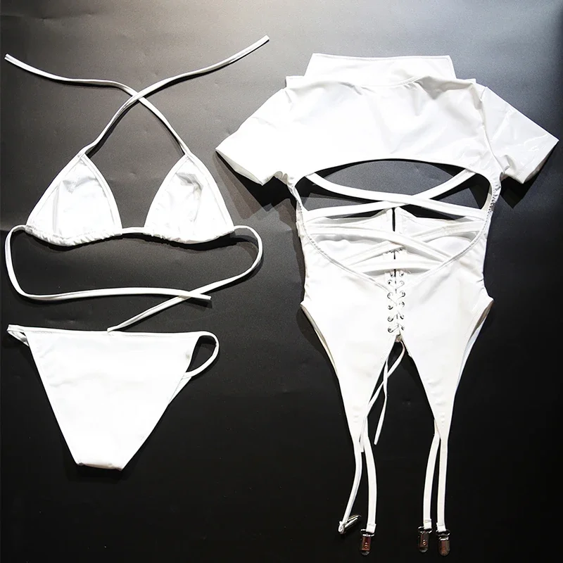 Sexy Latex Leather Lingerie Nurse Cosplay Costume Women Naughty Nurse Lingerie Doctor Cosplay Outfit Exotic Fetish Suits Custo