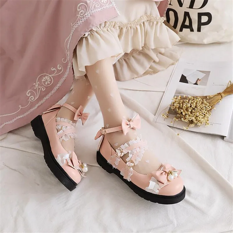 26-43 Sepatu Anak Perempuan Manis Mutiara Busur Tumit Datar Sepatu Lolita Gaya Jepang Lucu Mary Janes Sepatu Wanita Cosplay Sepatu Pesta Putri